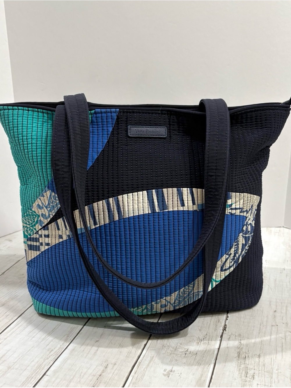 Vera Bradley Santiago Flower Tote Navy Quilted Shoulder Bag - Picture 2 of 13